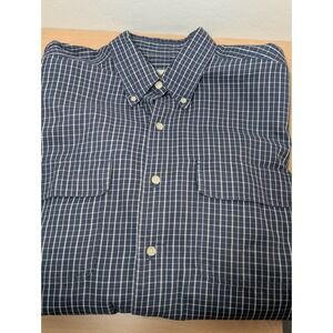 Eddie Bauer Mens Large Navy Blue White Grid Check Button Down Shirt Long Sleeve